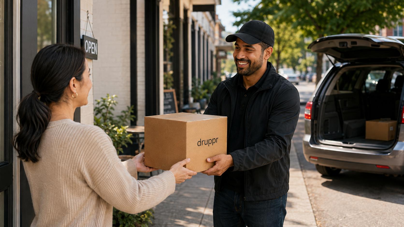 A driver handing a Druppr package to a customer beside a vehicle.